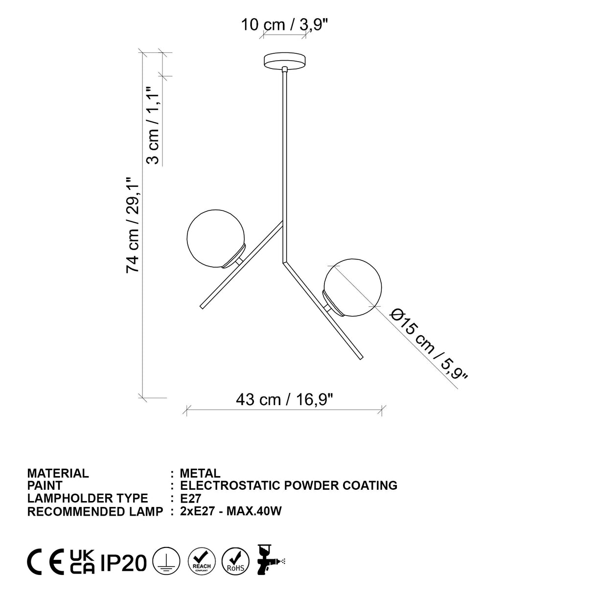 Pendant lamp 2-light Gold Glass Nimbus