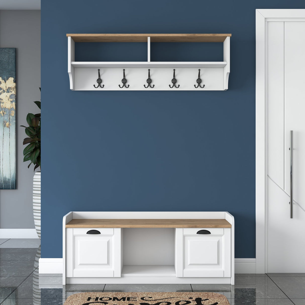 Furniture set Coat rack - Shoe cabinet - White-Walnut Melamine