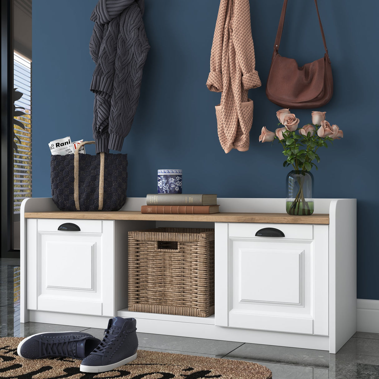 Furniture set Coat rack - Shoe cabinet - White-Walnut Melamine