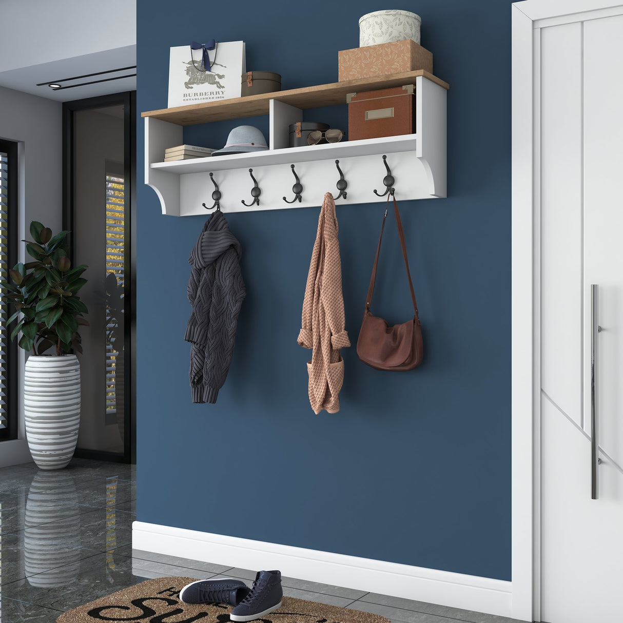 Coat rack Hally White 15-hooks - Two compartments