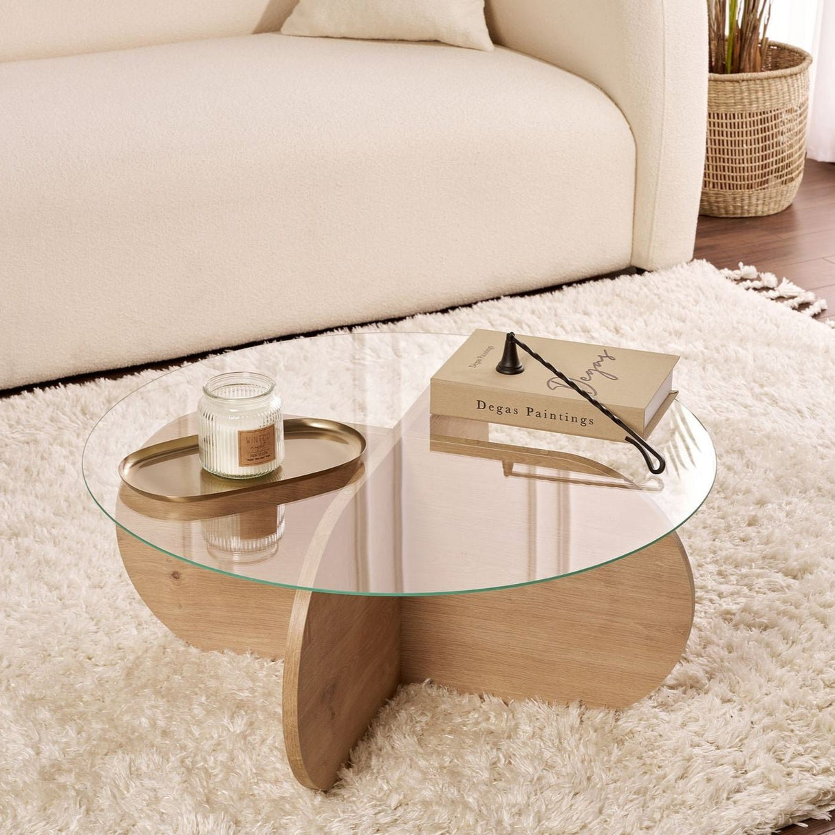 Aris Round Coffee Table 75 cm Glass - Melamine Oak