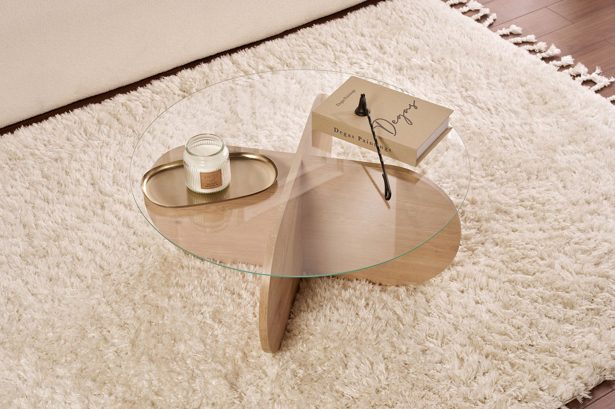 Aris Round Coffee Table 75 cm Glass - Melamine Oak