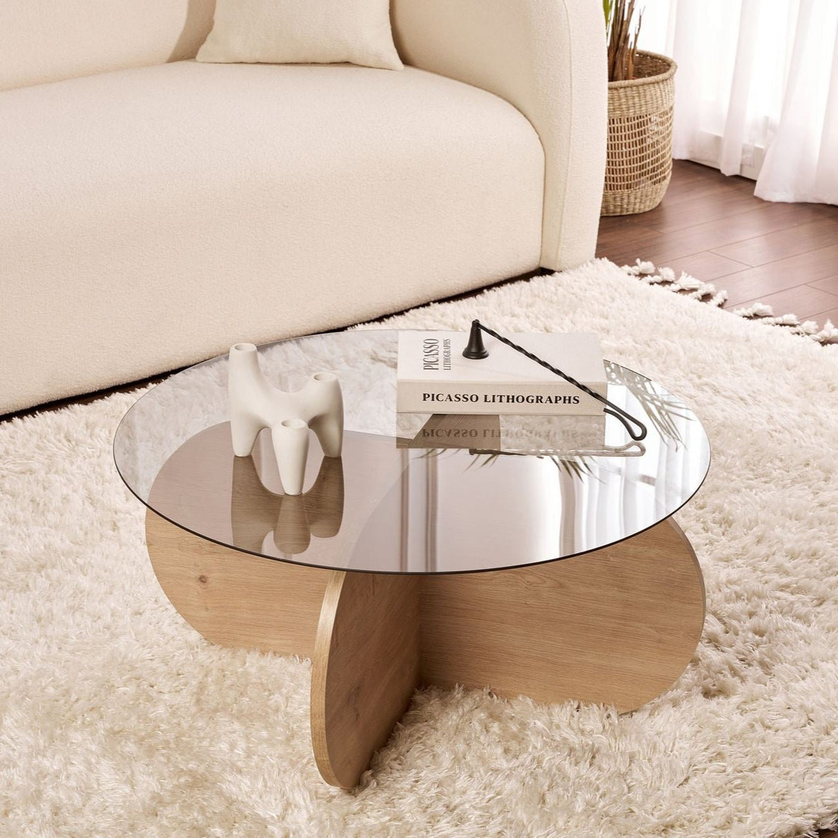 Aris Round Coffee Table 75 cm Tinted Glass - Melamine Oak