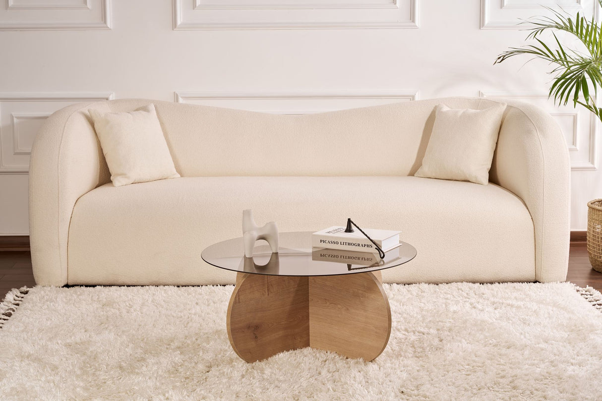 Aris Round Coffee Table 75 cm Tinted Glass - Melamine Oak