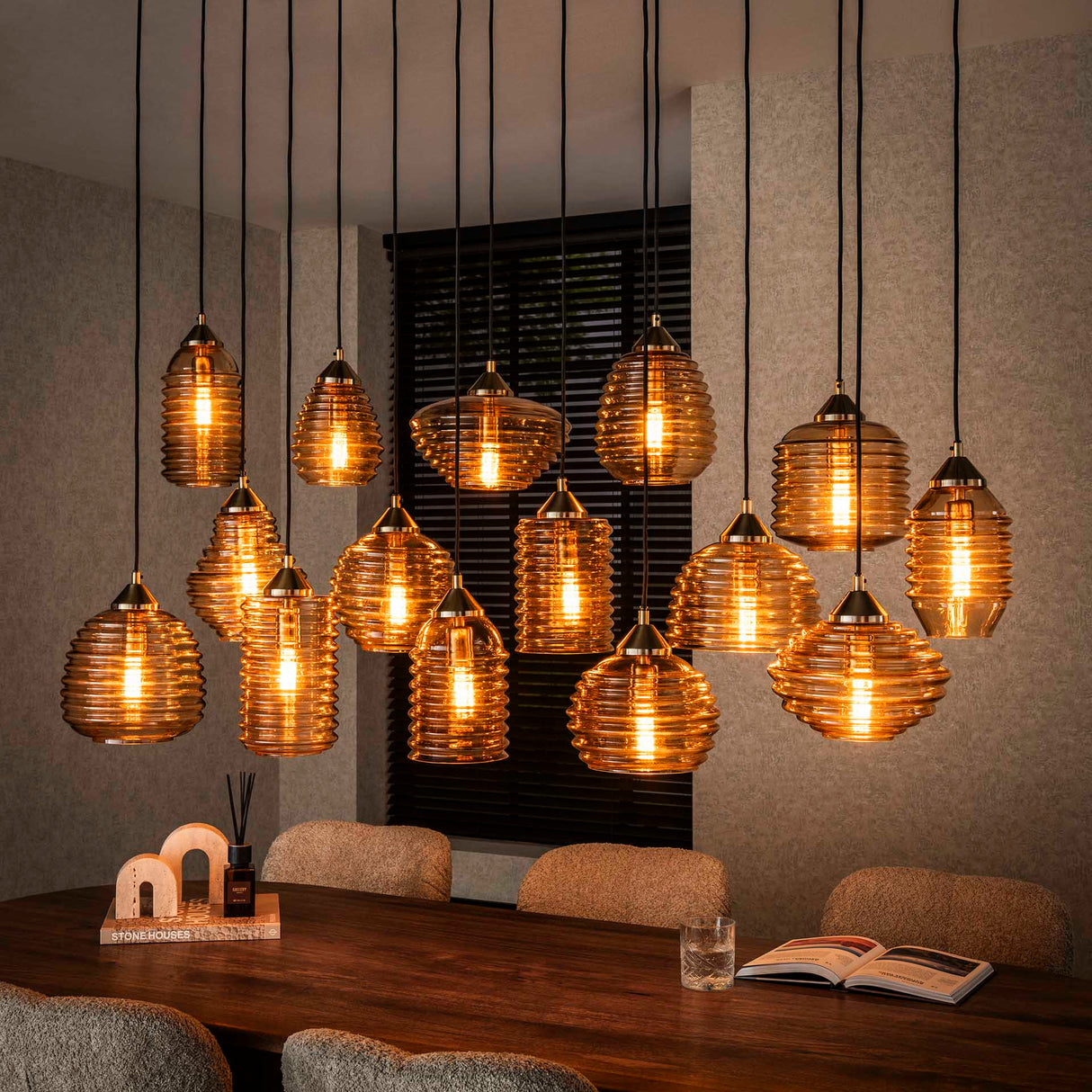 Mali pendant lamp 15-light ribbed glass amber color