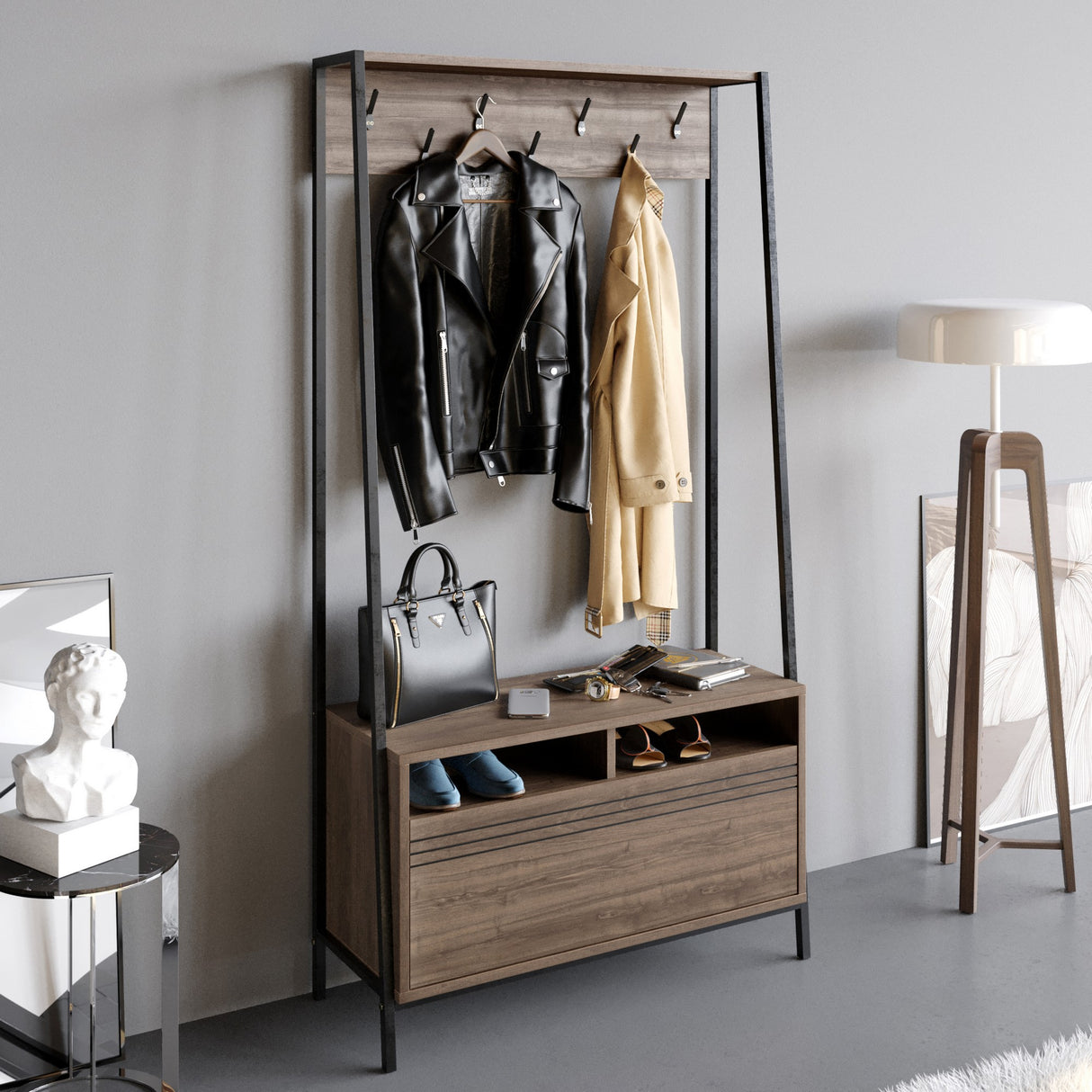 Wardrobe Furniture Coat Rack Walnut Melamine Devon - With Compartments and Drawer