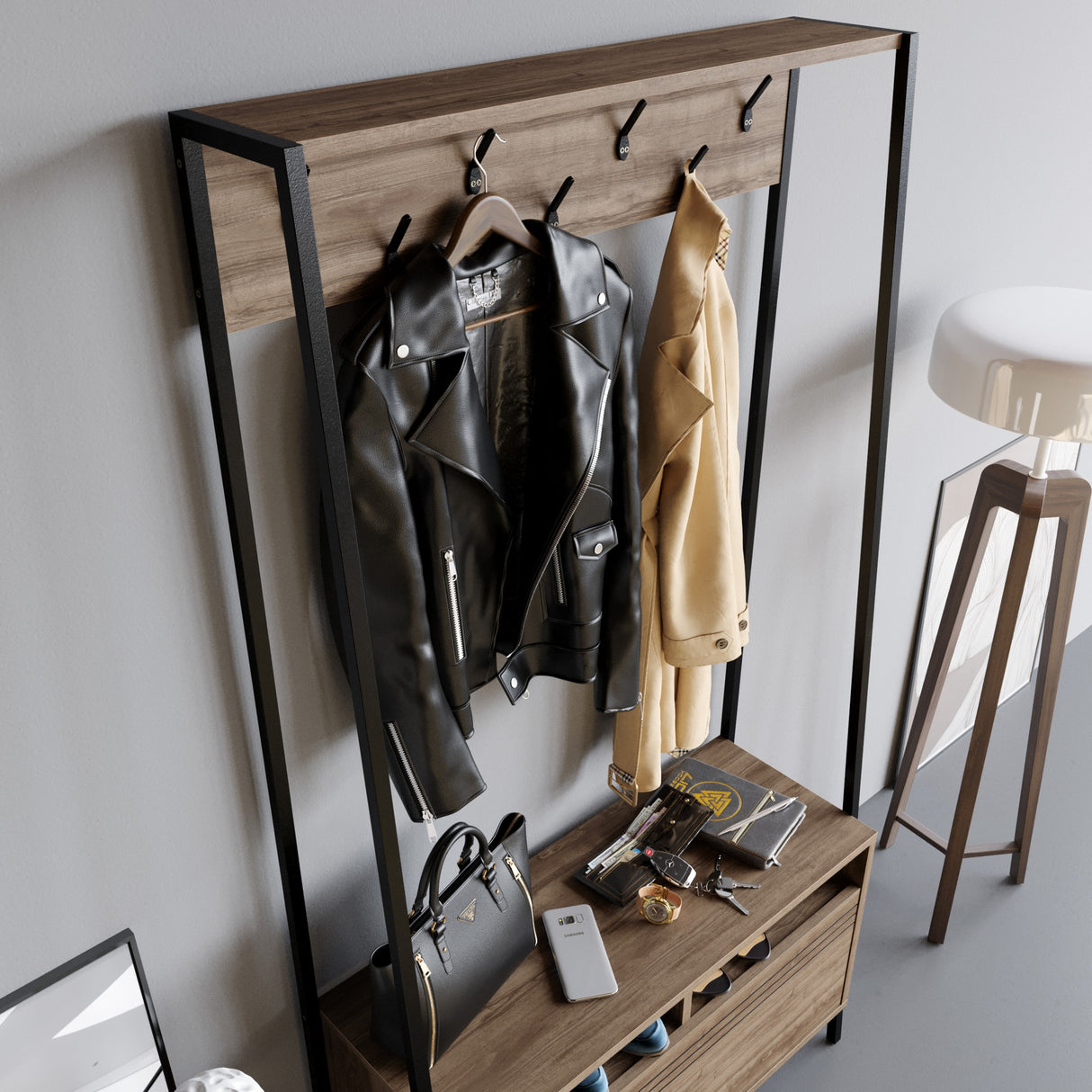 Wardrobe Furniture Coat Rack Walnut Melamine Devon - With Compartments and Drawer