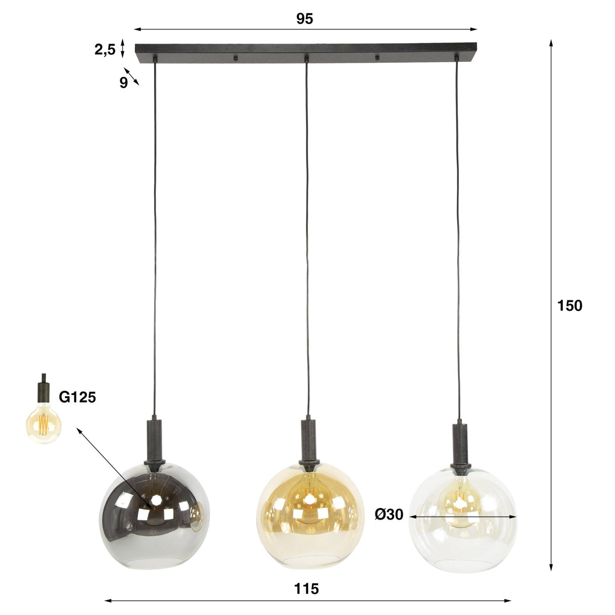 Pendant lamp Nero Trio 3-light Black Metal 115 cm