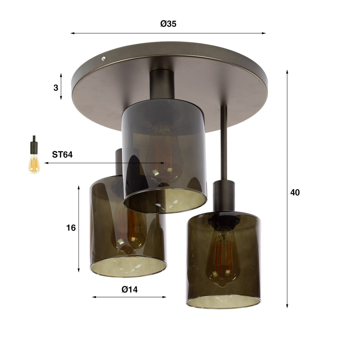 Industrial ceiling lamp Mason 3-lights - Brown