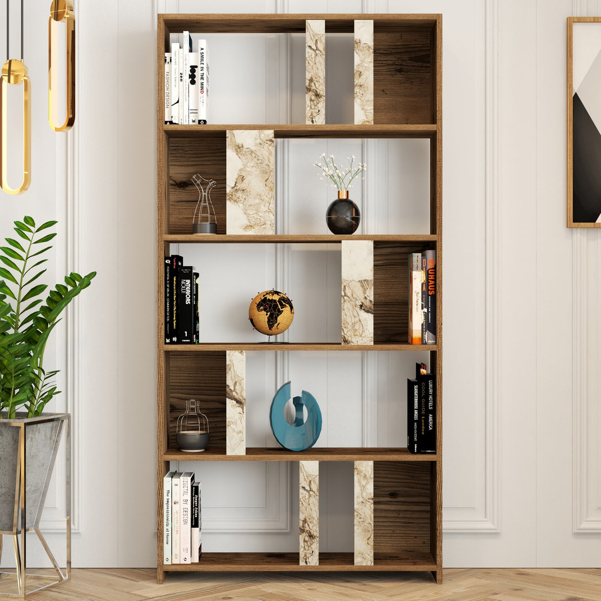 Bookcase Lima Walnut White Marble Melamine 90x180x20 cm