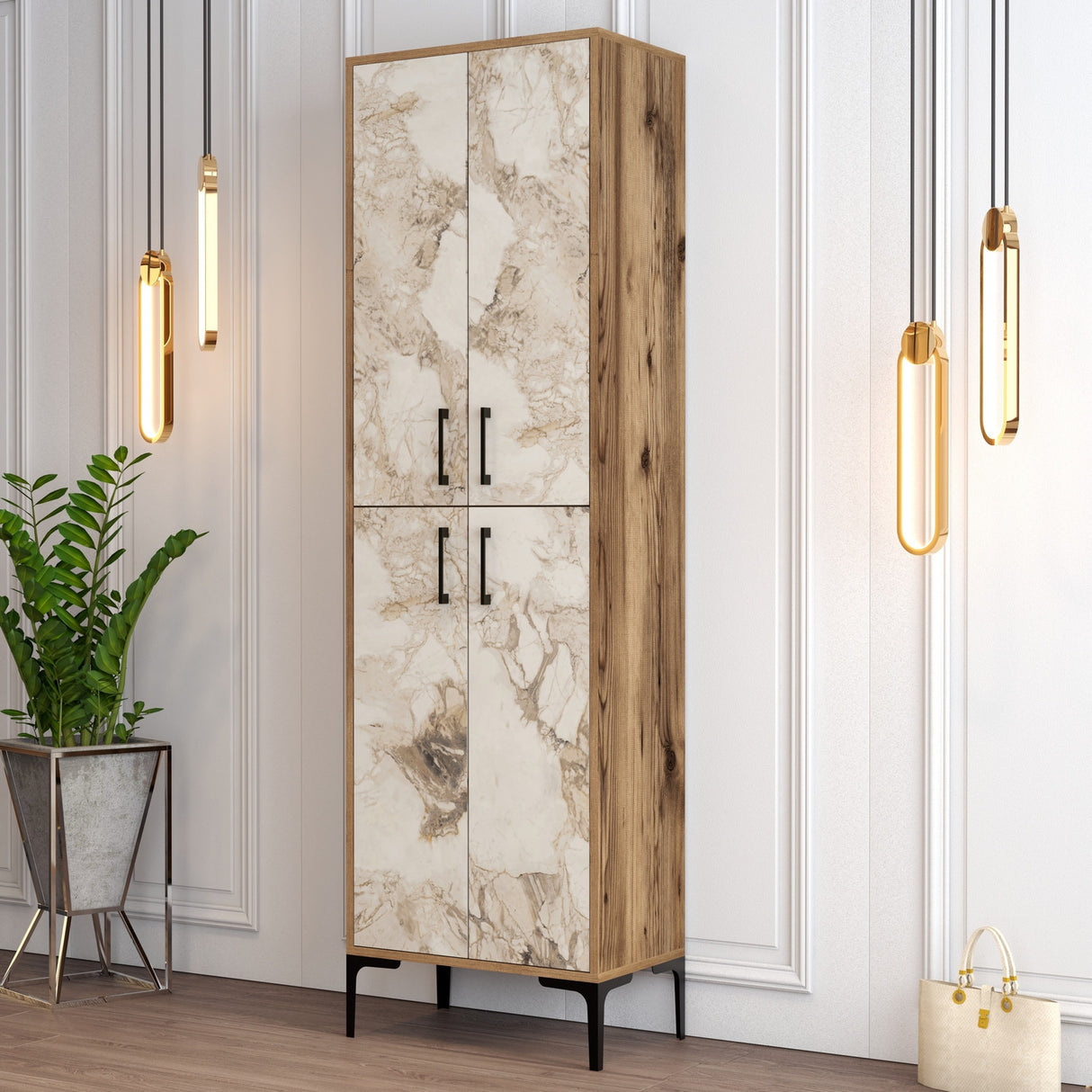 Shoe cabinet Berlin Walnut White Marble Melamine 60x200x35 cm