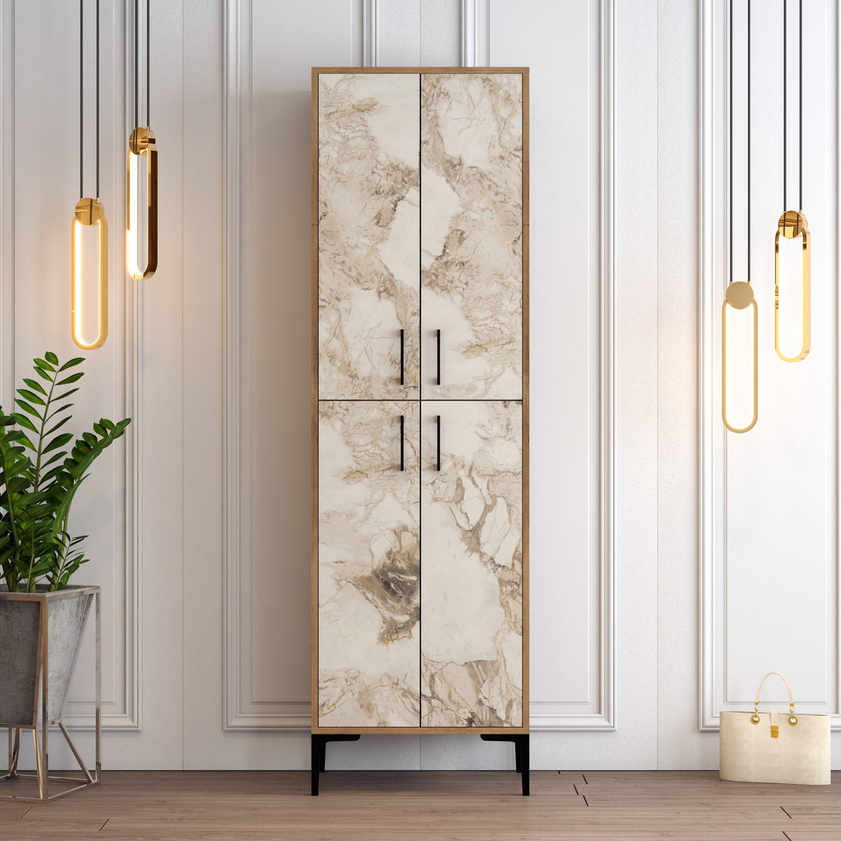 Shoe cabinet Berlin Walnut White Marble Melamine 60x200x35 cm
