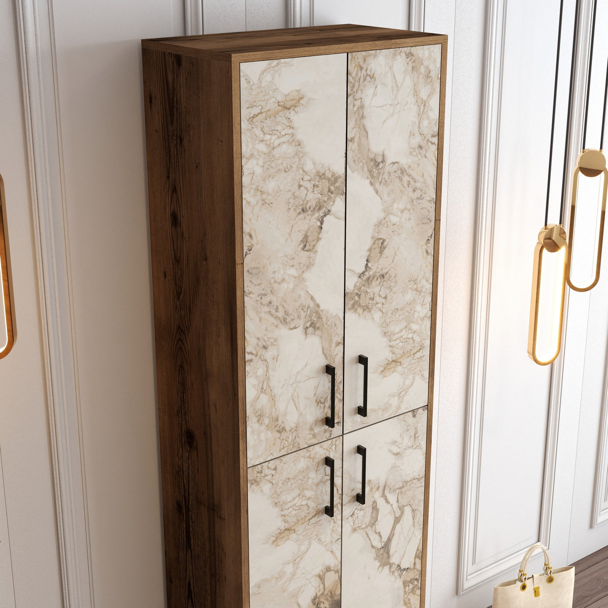 Shoe cabinet Berlin Walnut White Marble Melamine 60x200x35 cm