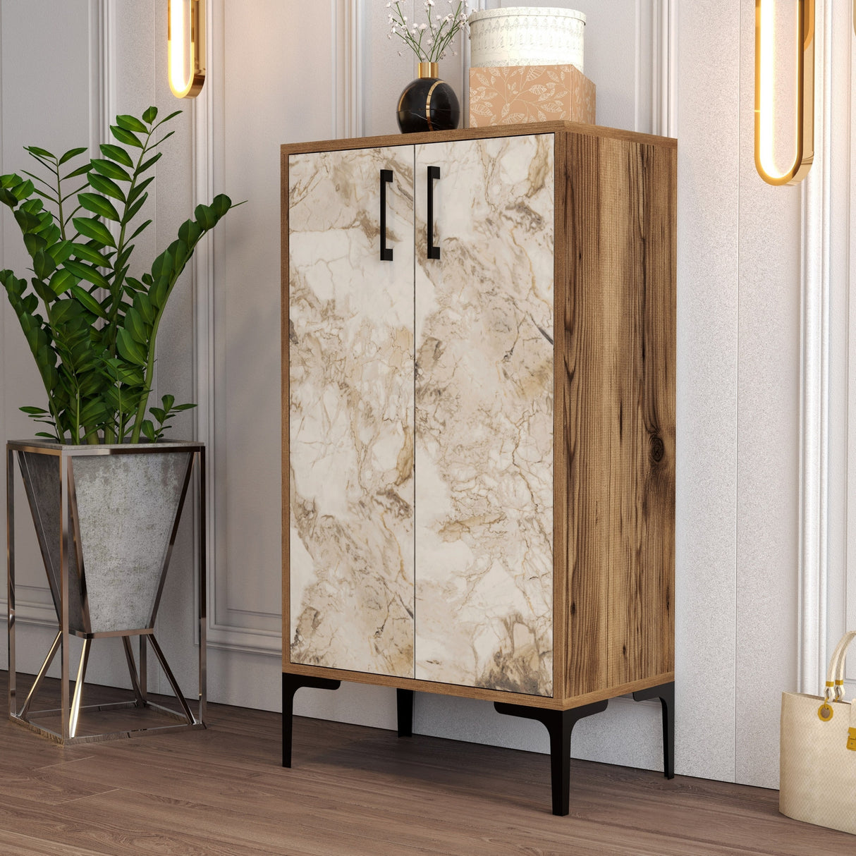 Shoe cabinet Prag Walnut White Marble Melamine 60x111X35 cm
