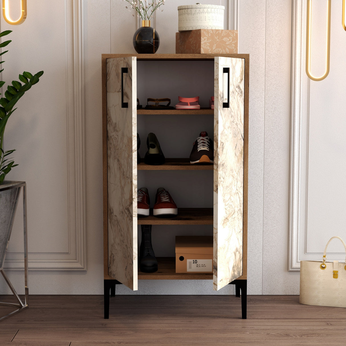 Shoe cabinet Prag Walnut White Marble Melamine 60x111X35 cm