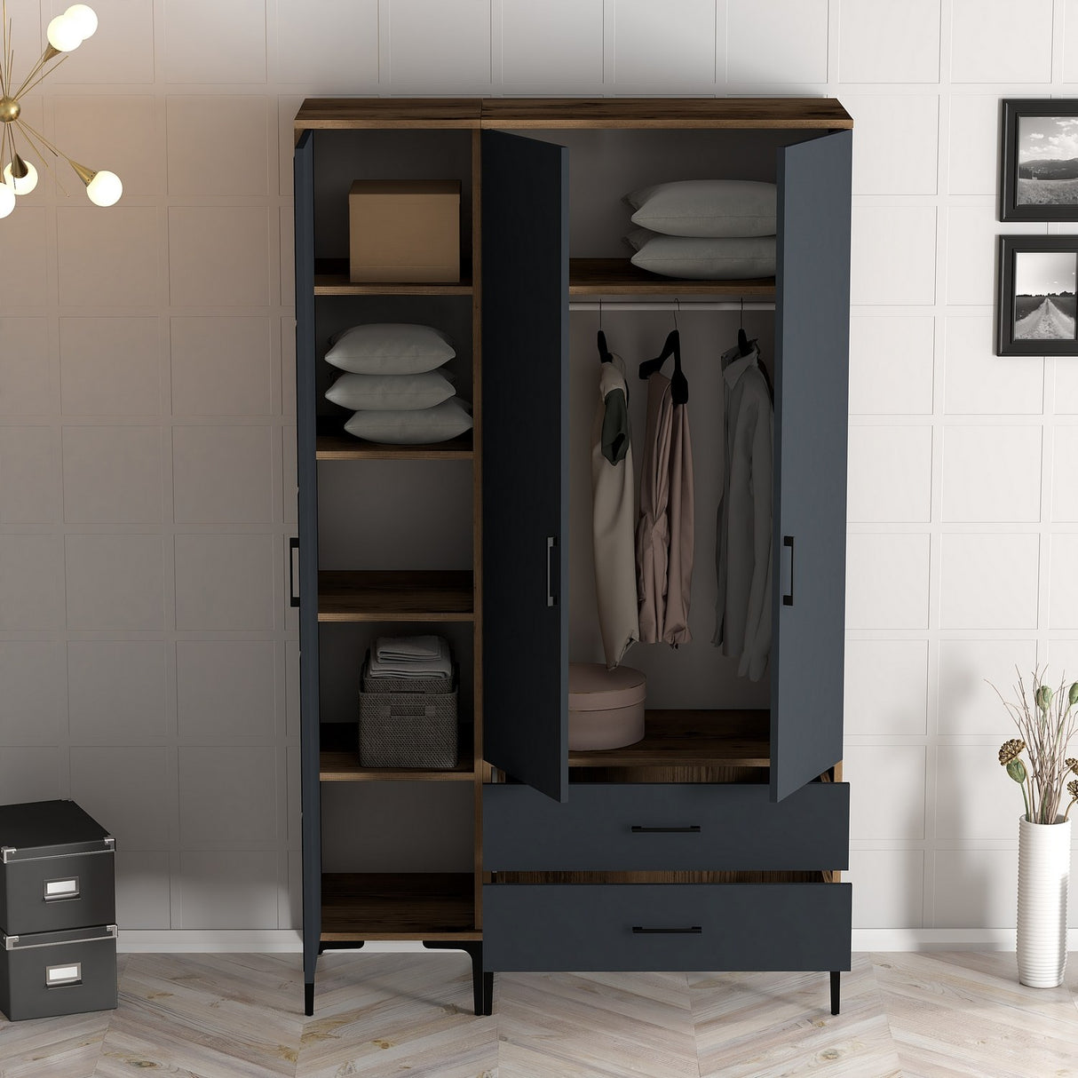 Wardrobe Kumual RT Walnut Anthracite Melamine 120x47.5x201.4 cm