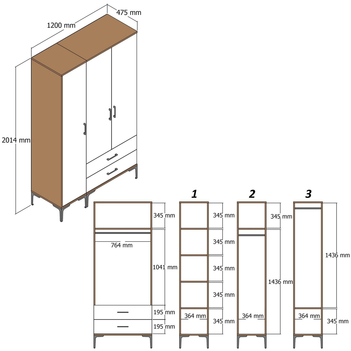 Wardrobe Kumual St Walnut White Melamine 120x47.5x201.4 cm