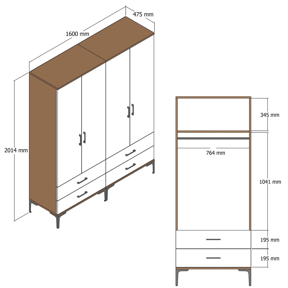 Wardrobe Kumsal TT Walnut Anthracite Melamine 160x47.5x201.4 cm