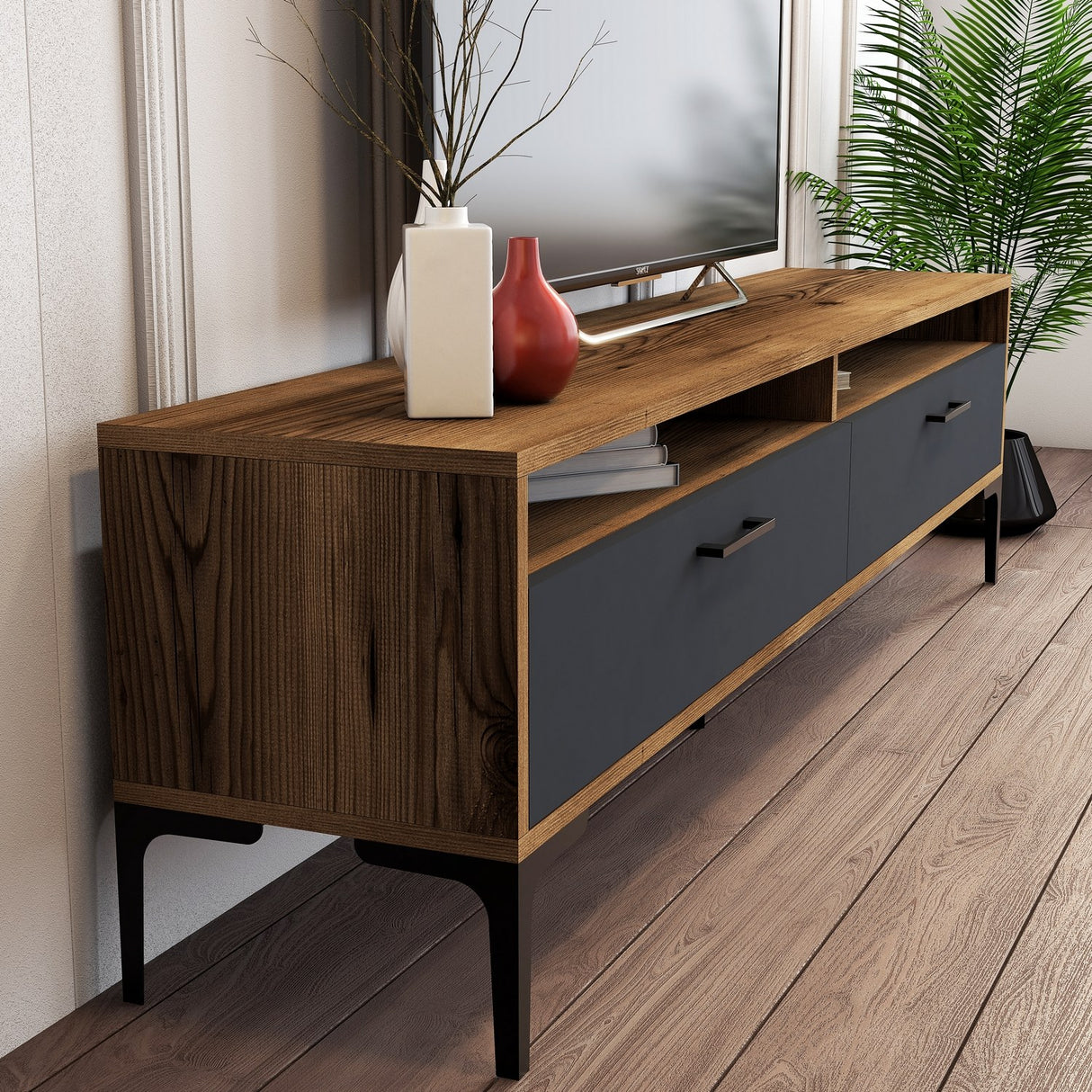 TV furniture set Gebze Walnut Anthracite Melamine 180x35x47 cm
