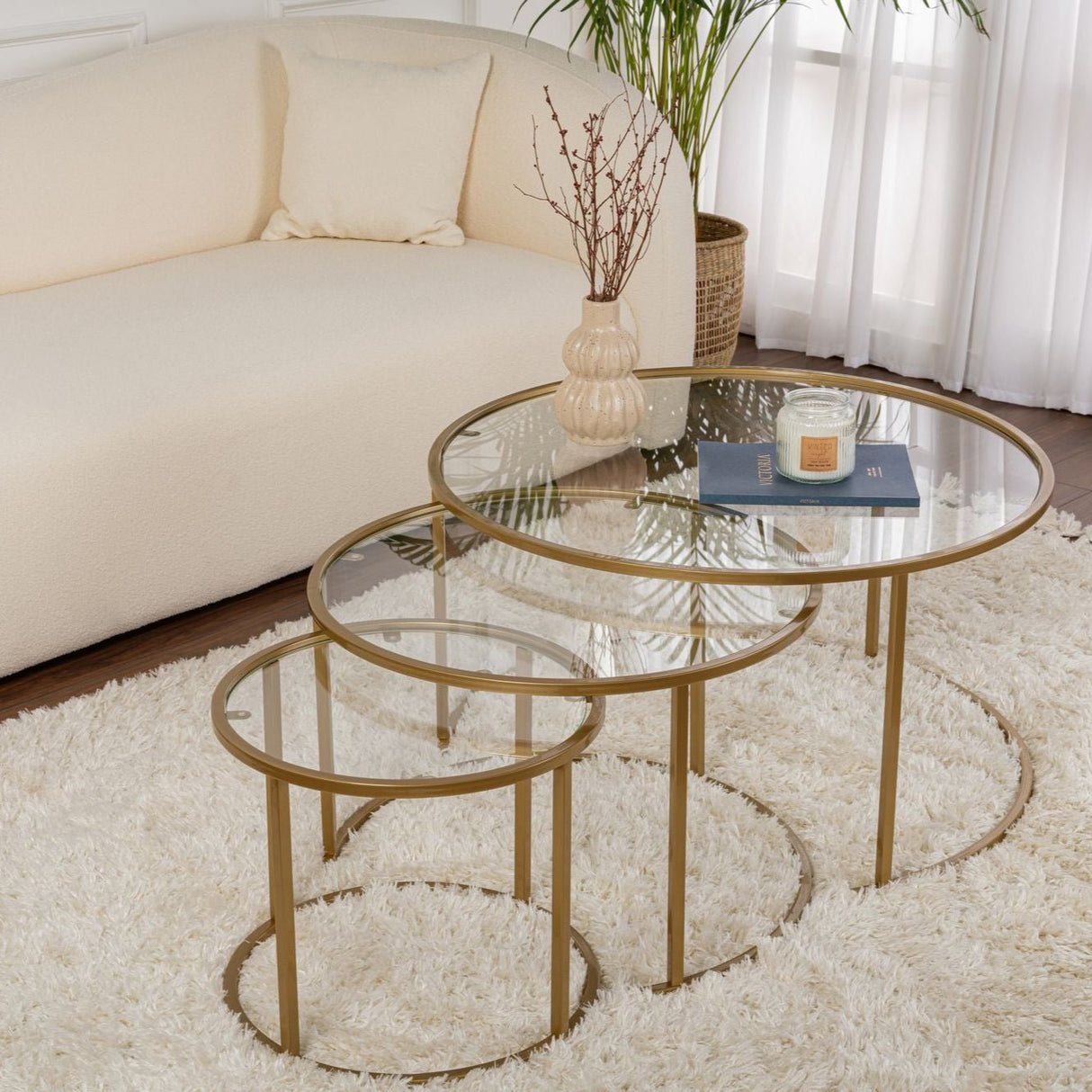 Modern Round Coffee Table Set of 3 Uru Gold - Transparent Glass - 80/60/42 cm