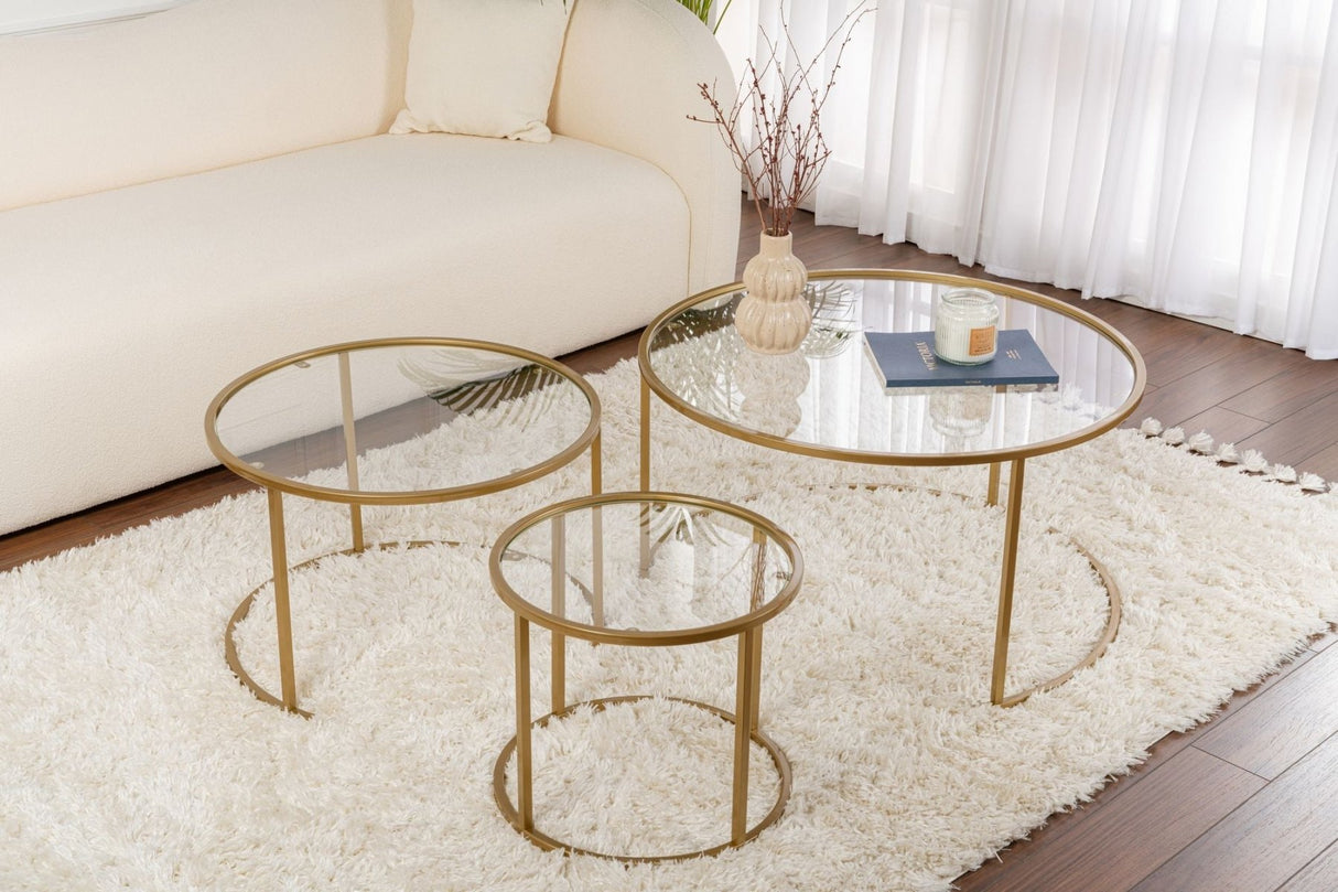 Modern Round Coffee Table Set of 3 Uru Gold - Transparent Glass - 80/60/42 cm