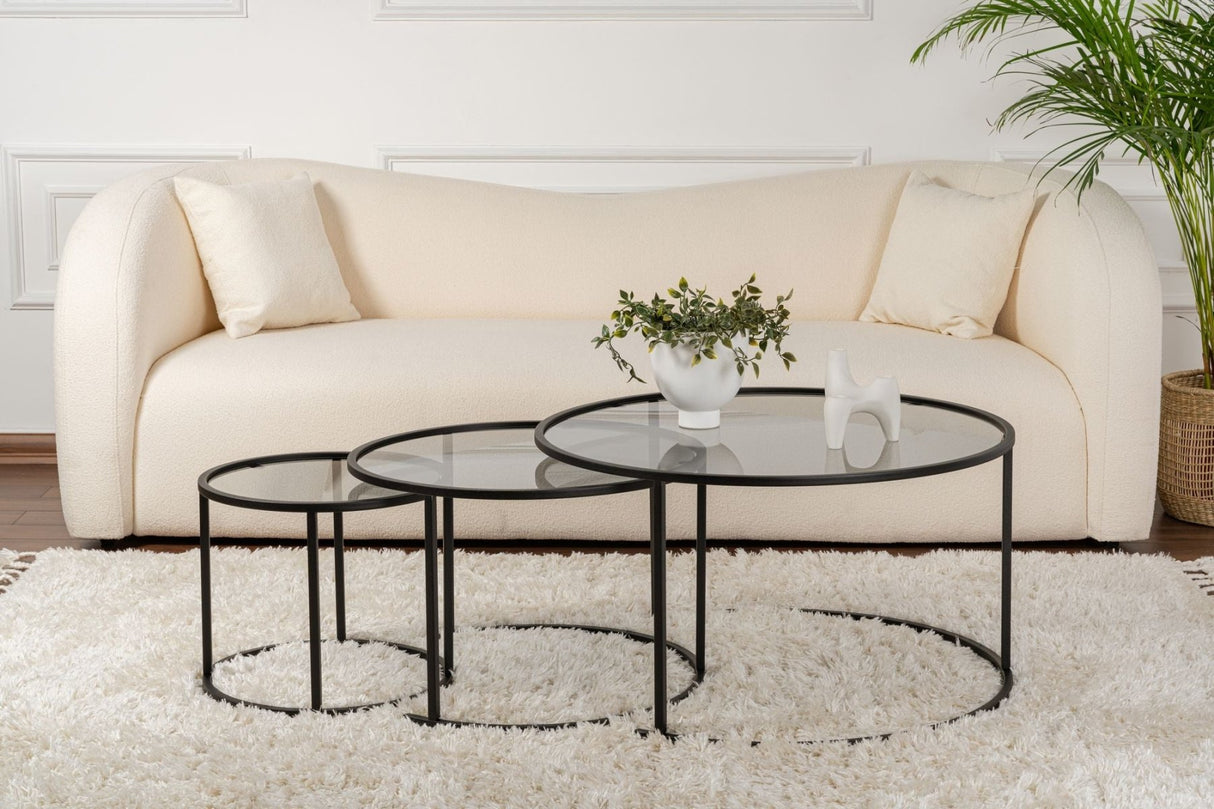 Modern Coffee Table Set of 3 Uru Black - Grey Glass - 80/60/42 cm