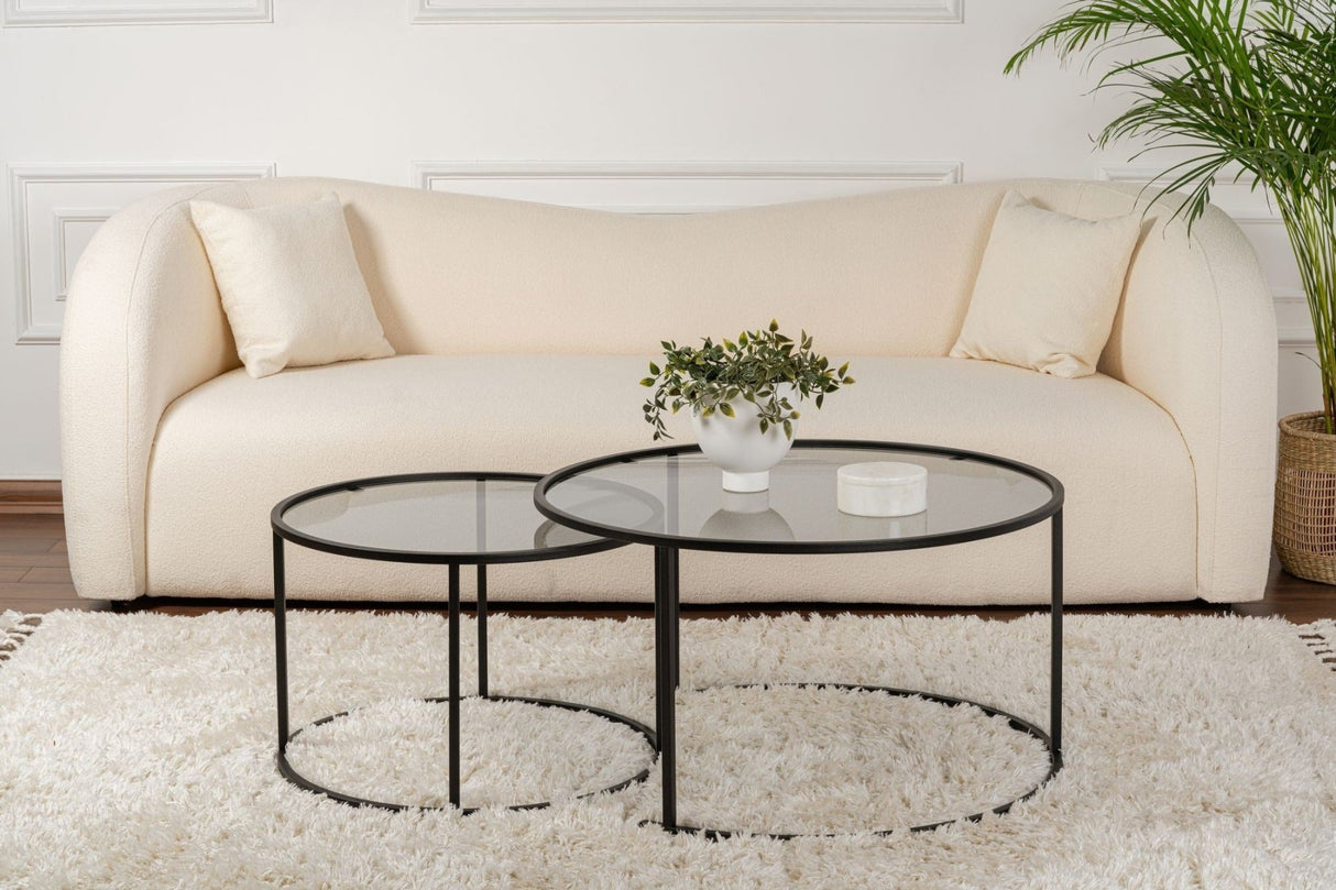 Modern Round Coffee Table Set of 2 Uru Black - Grey Glass - 80/60 cm
