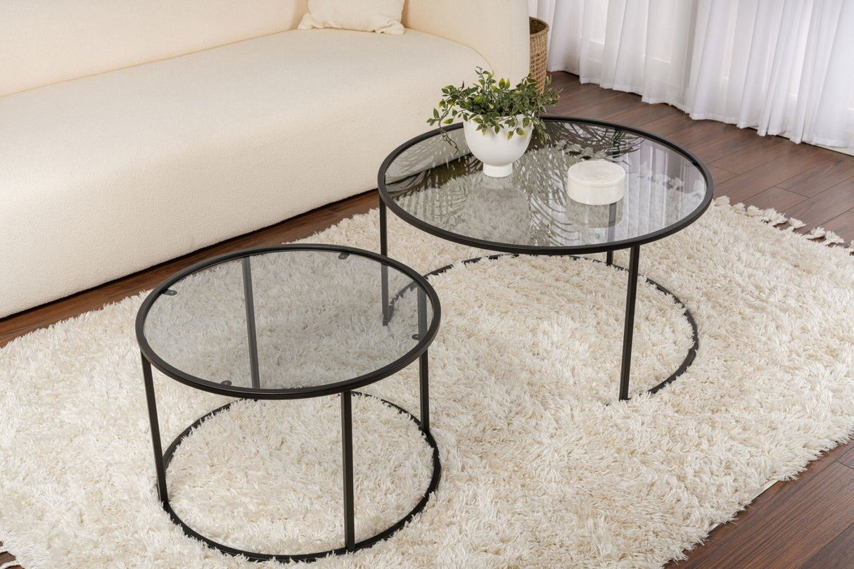 Modern Round Coffee Table Set of 2 Uru Black - Grey Glass - 80/60 cm