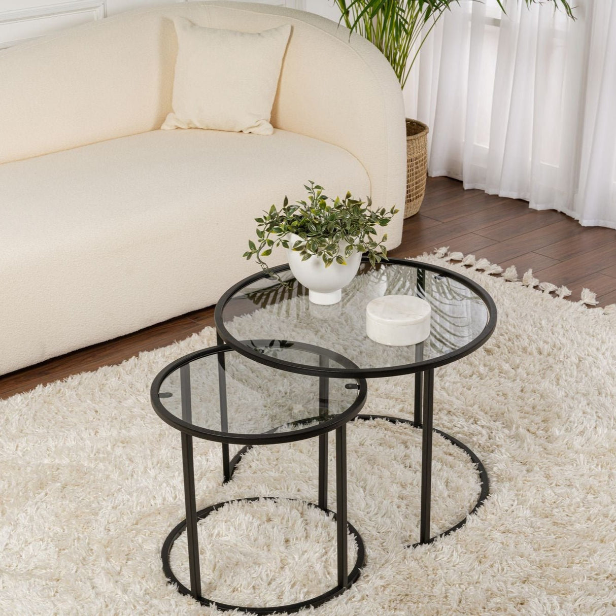 Modern Round Coffee Table Set of 2 Uru Black - Gray Glass - 60/42 cm