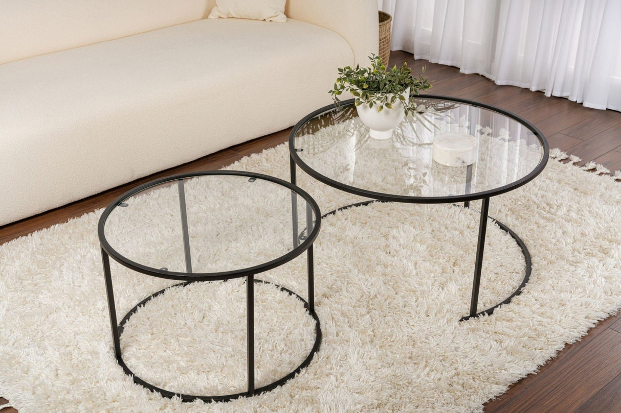 Modern Round Coffee Table Set of 2 Uru Black - Transparent Glass - 80/60 cm