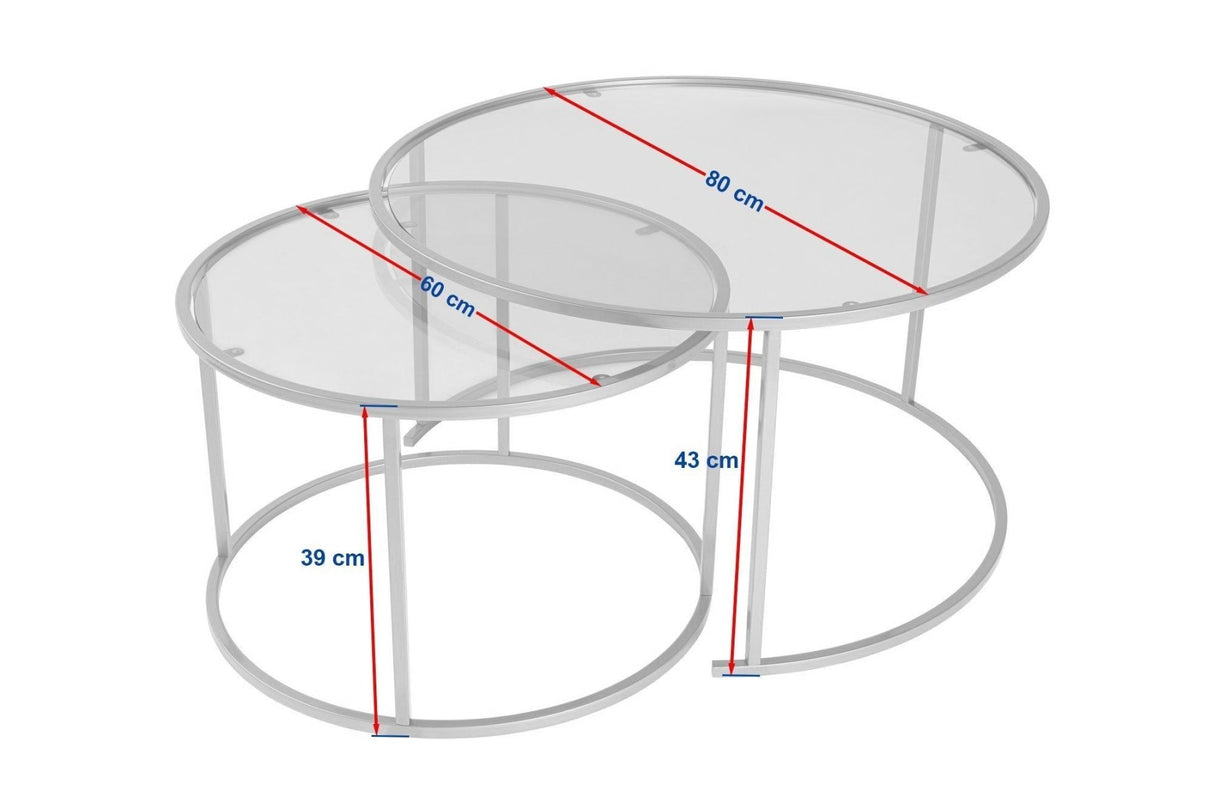Modern Round Coffee Table Set of 2 Uru Black - Transparent Glass - 80/60 cm