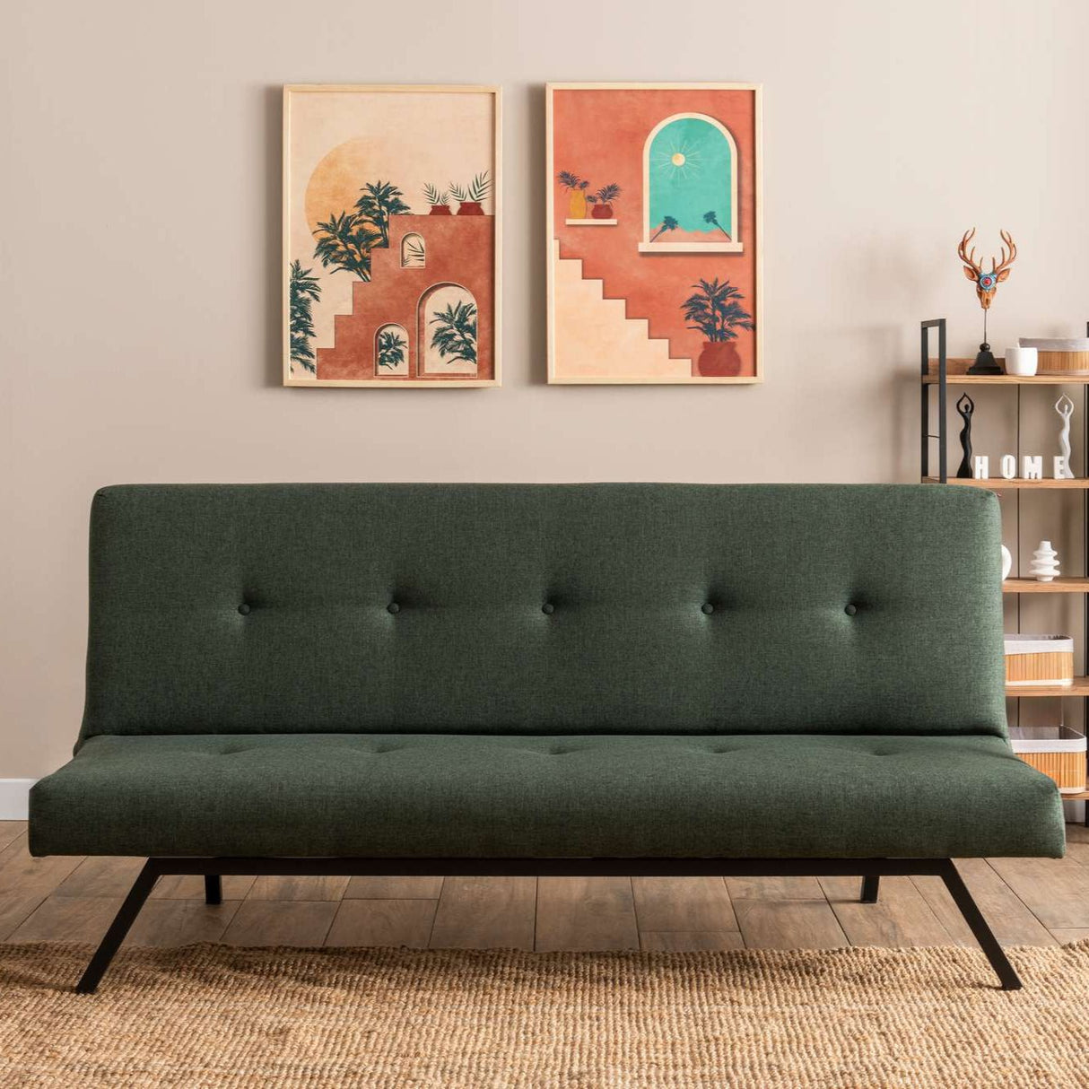 3-Seater Sofa Bed Zoly Green Fabric - 180 cm - Without Armrests - Button-Tufted