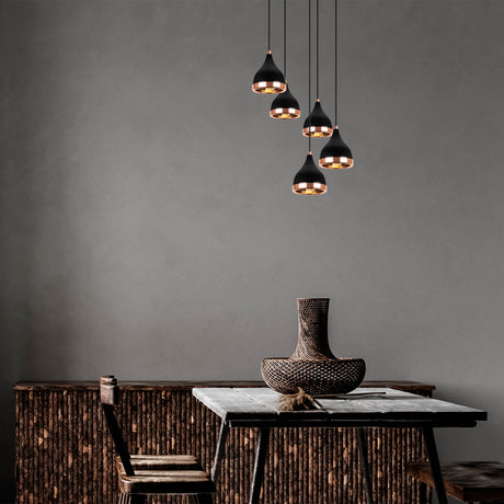 5-Light Tiered Pendant Black Copper Metal Grip