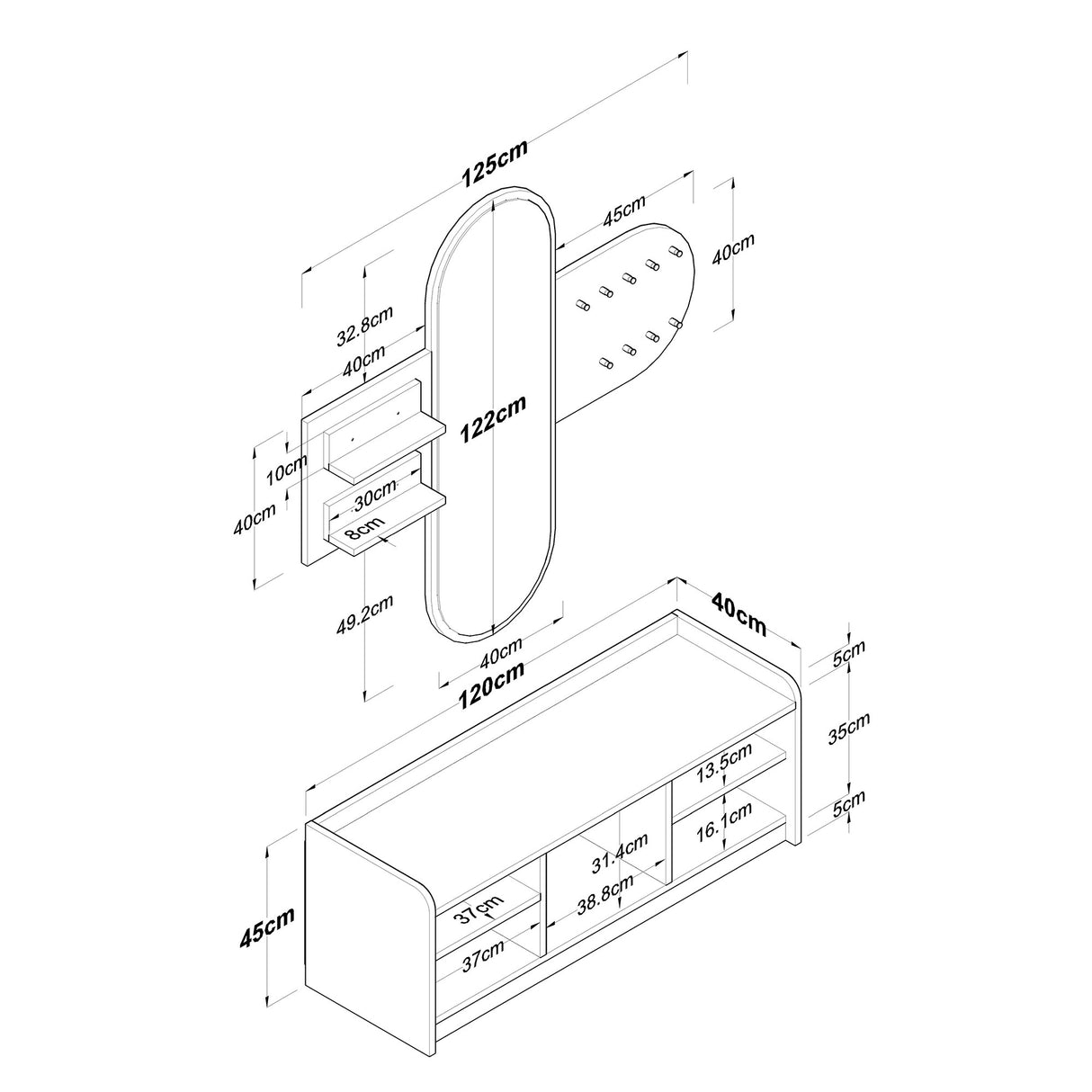 Furniture set Coat rack - Mirror - Shoe cabinet - White-Walnut Melamine