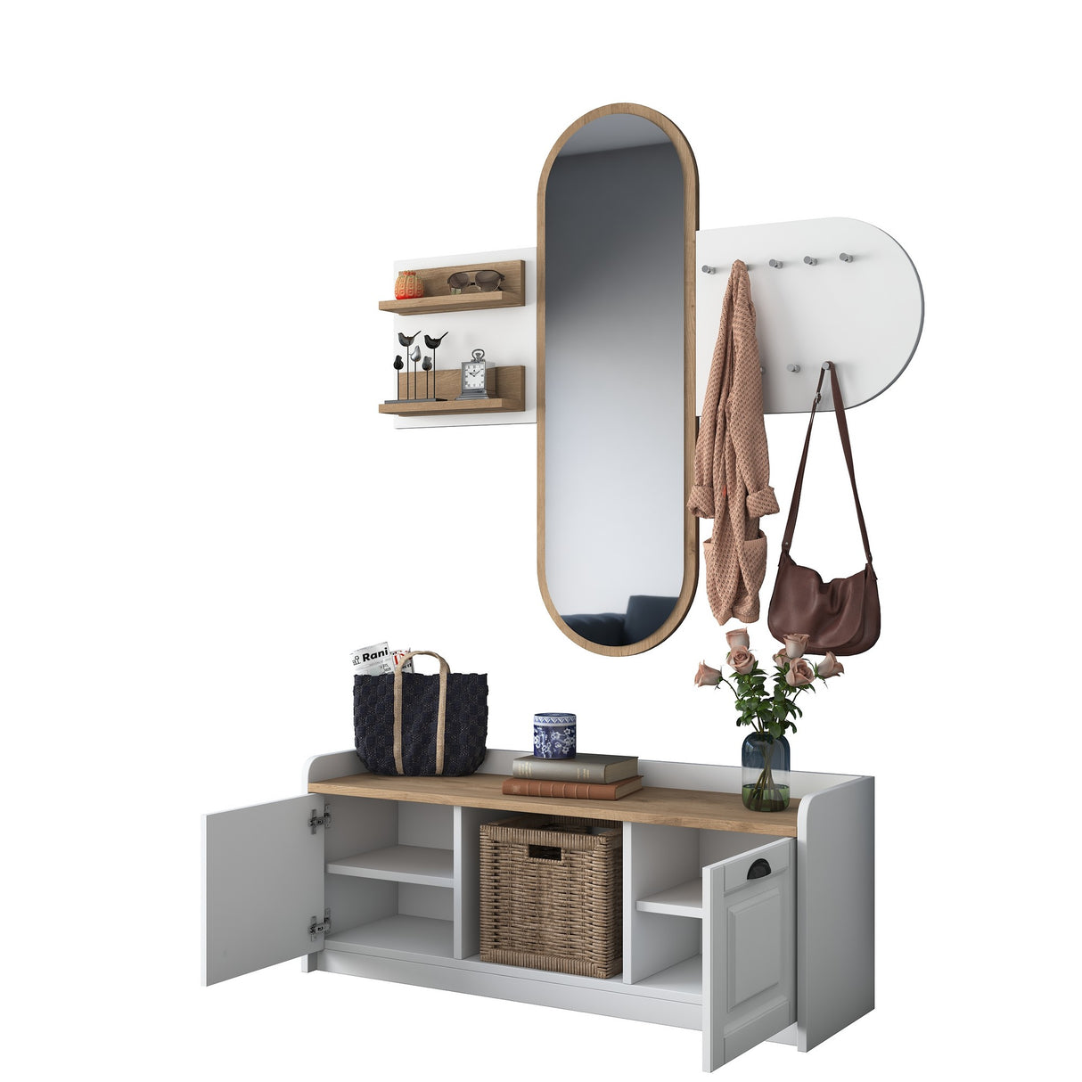 Furniture set Coat rack - Mirror - Shoe cabinet - White-Walnut Melamine
