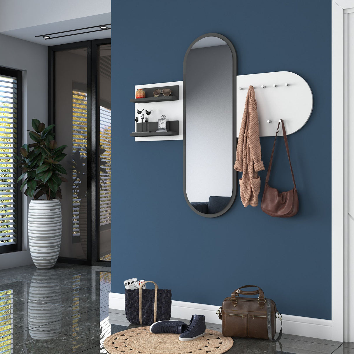 Coat Rack White Melamine 9-Hook - With Mirror - Two Shelves