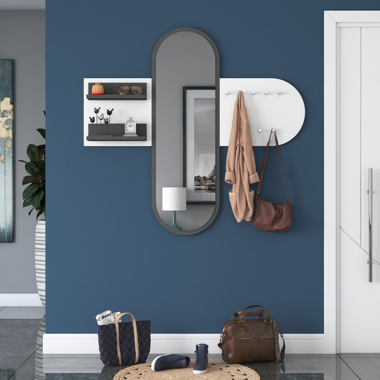 Coat Rack White Melamine 9-Hook - With Mirror - Two Shelves