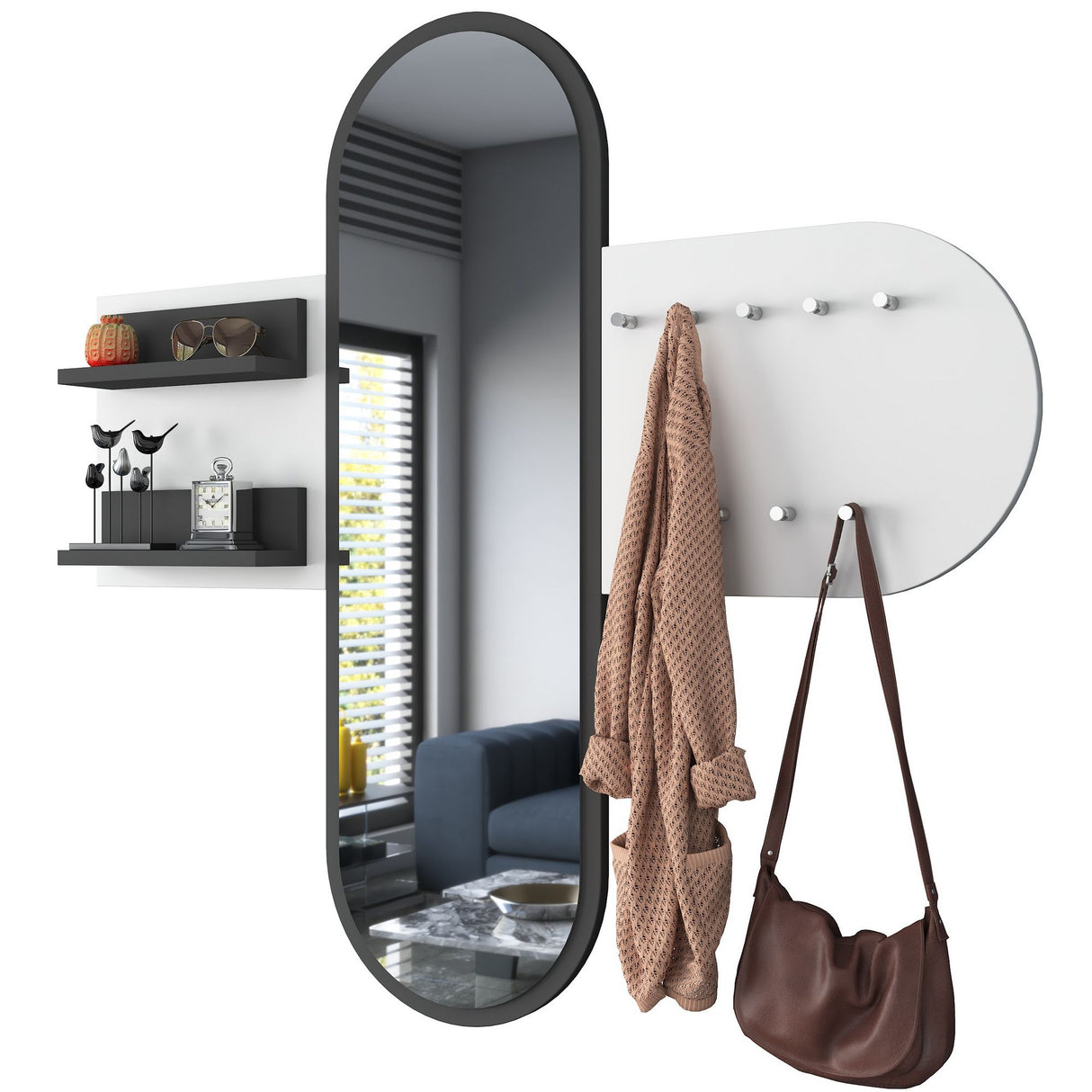 Coat Rack White Melamine 9-Hook - With Mirror - Two Shelves