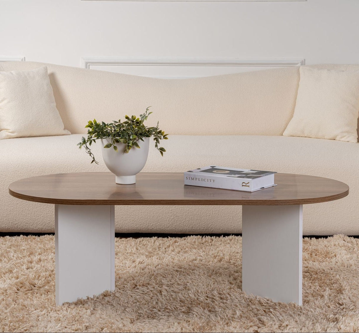 Oval Coffee Table Walnut Look - White Leg - Sabla - 119x60