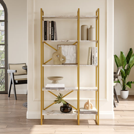 Bookcase Valdis Marble White Gold Melamine 87.5x175x30 cm