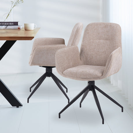 Set of 4 Swivel Dining Chairs Nela Chenille Beige - With Armrests