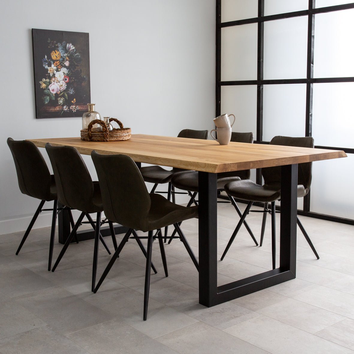 Dining Table Revi Oak - Tree Trunk Shape - Black U-Leg