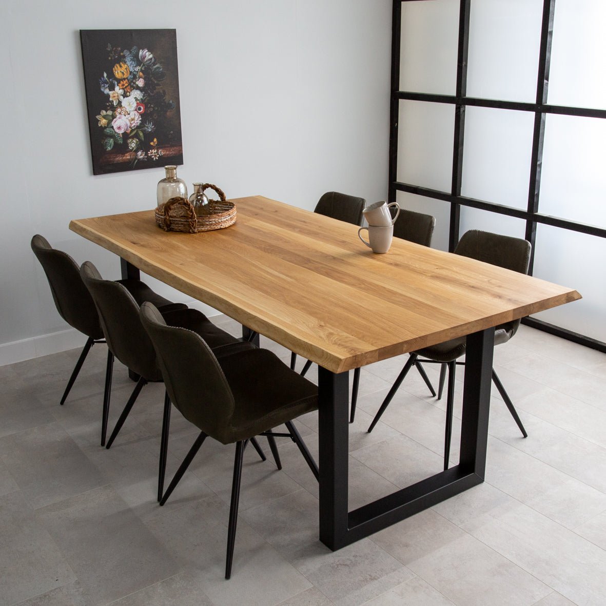 Dining Table Revi Oak - Tree Trunk Shape - Black U-Leg