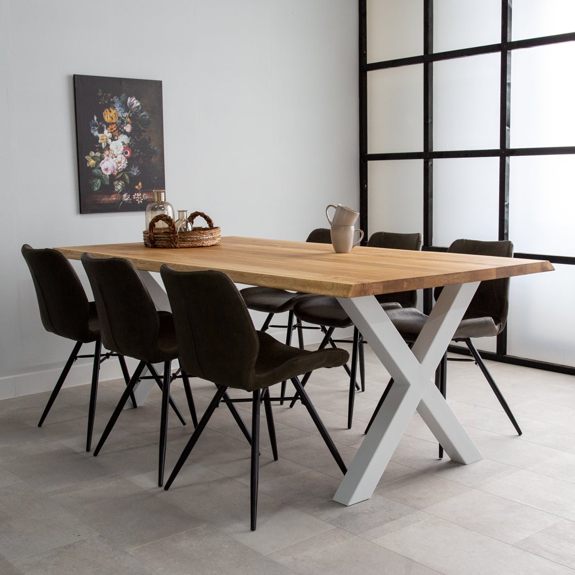 Dining table Revi Oak - Tree trunk shape - White X-leg