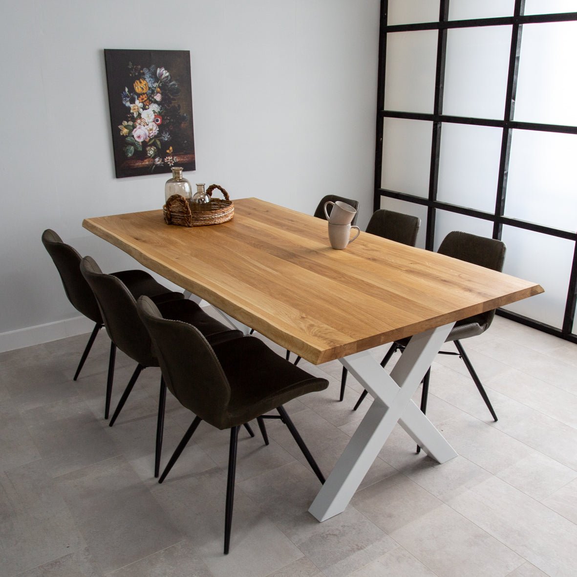 Dining table Revi Oak - Tree trunk shape - White X-leg