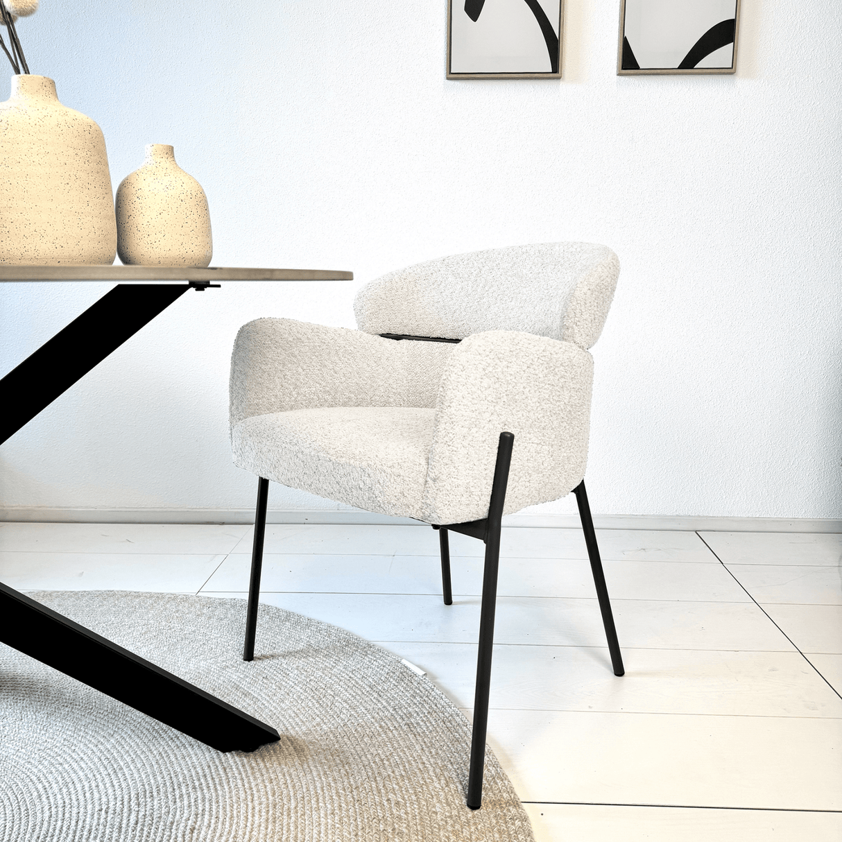 Dining chair Lola Bouclé fabric Cream white with round back and arm