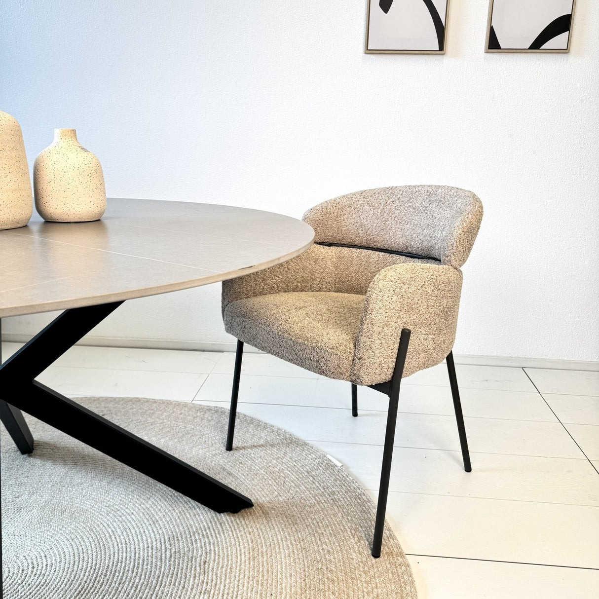 Dining chair Lola Bouclé fabric Beige with round back and arm