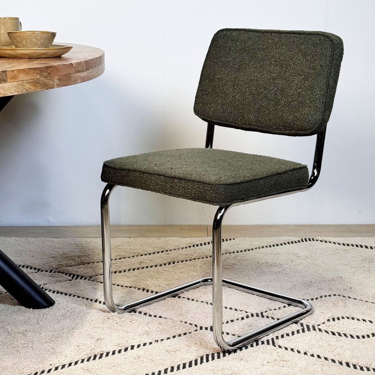 Modern Dining Chair Green Boucle Fabric Sway - Chrome Frame - Without Armrests