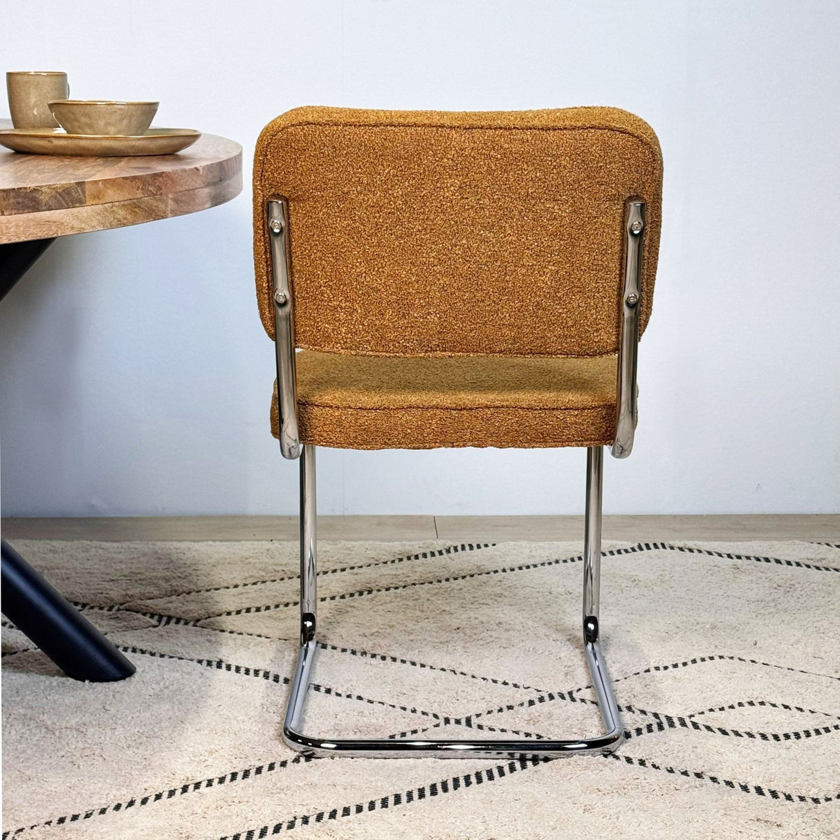 Modern Dining Chair Copper Bouclé Fabric Sway - Chrome Frame - Without Armrests