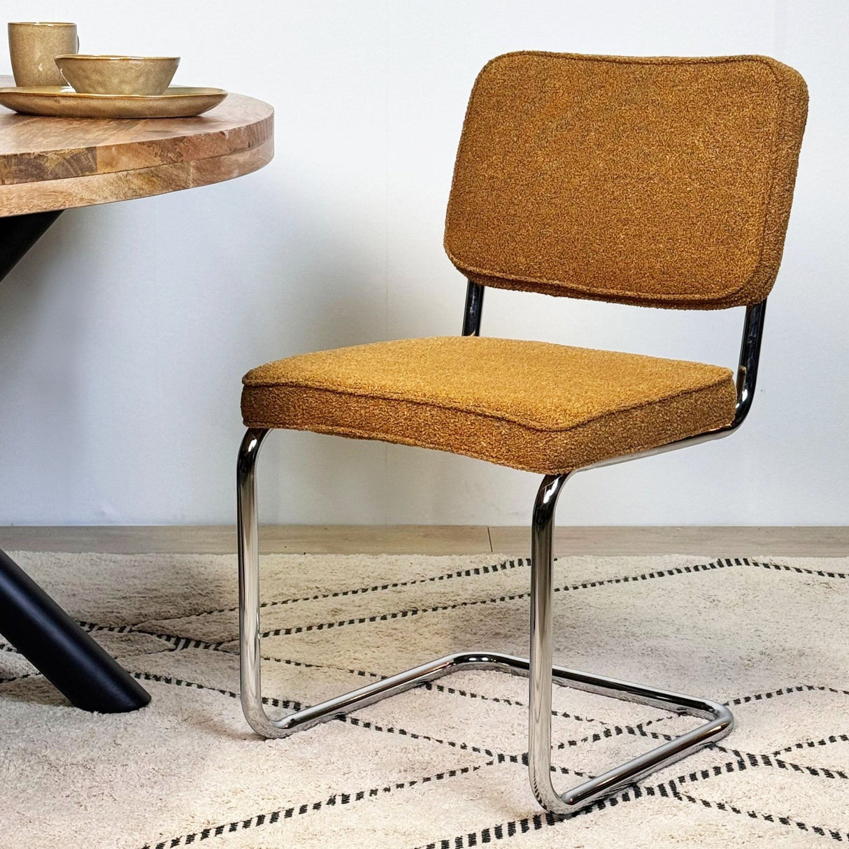 Modern Dining Chair Copper Bouclé Fabric Sway - Chrome Frame - Without Armrests